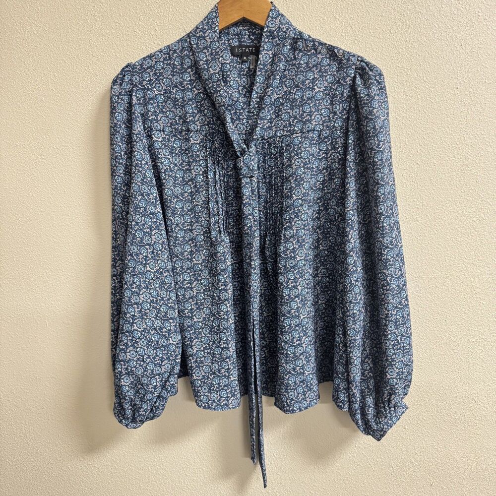1.STATE XL Blue Paisley Tie Neck Balloon Sleeve Blouse Boho